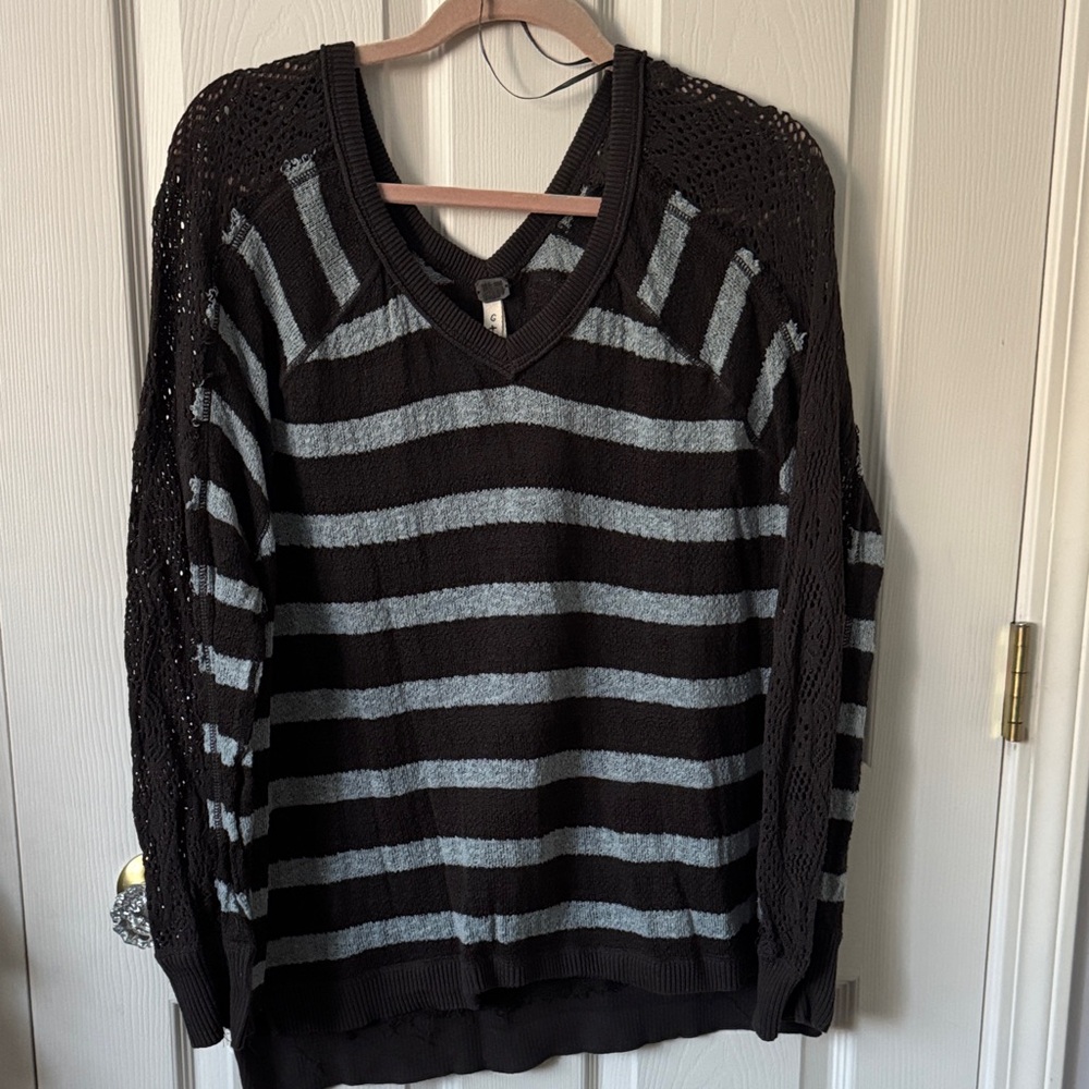 We The Free Dark Brown and Light Blue  Striped V-Neck Oversized Sweater